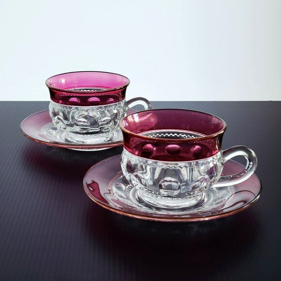 Vintage Tiffin King's Crown Cup & Saucer, 2 SETS, Cranberry & Clear c1950-65 USA - Picture 2 of 10